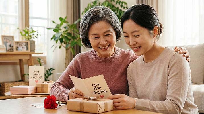 JPG 편집이미지 딸 행복 가정 가족 엄마 집안 함께함 대화 선물 사랑 미소 화목 시간 어버이날 편지 나누기 의료성형뷰티 편집실사 AI인물포토 AI콘텐츠 기념일 감정 컨셉 관계 실내 표정 말하기 CG 파일형식 AI포토