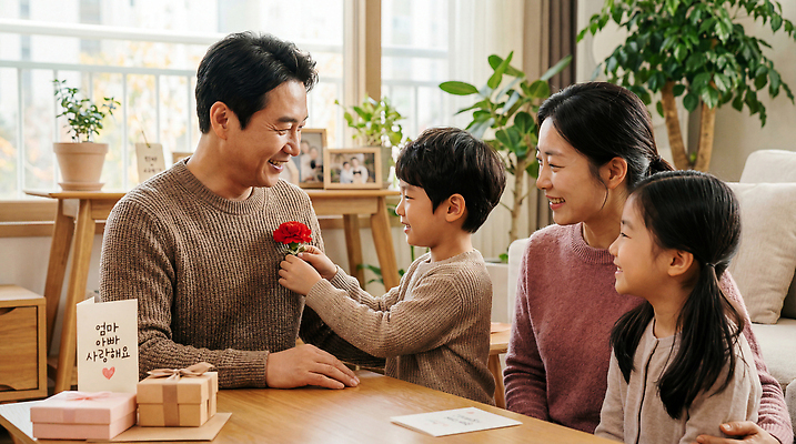 JPG 편집이미지 기념일 꽃 행복 어린이 가족 함께함 실내 사랑 부모 화목 자녀 축하 시간 아빠 어버이날 교감 의료성형뷰티 편집실사 AI인물포토 AI콘텐츠 식물 감정 컨셉 관계 사람 이벤트 내부 CG 파일형식 AI포토