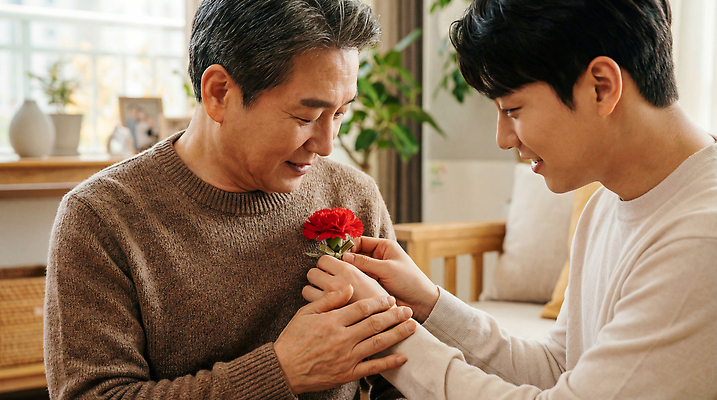 JPG 편집이미지 꽃 아들 가족 관계 주택 따뜻함 대화 선물 사랑 웃음 기쁨 마음 아빠 추억 어버이날 카네이션 순간 의료성형뷰티 편집실사 AI인물포토 AI콘텐츠 식물 기념일 감정 컨셉 표정 말하기 건물 CG 파일형식 AI포토