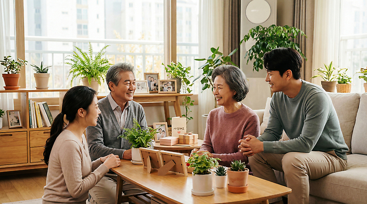 JPG 나무 식물 편집이미지 화분 가족 자연 주택 실내 이야기 대화 웃음 초록색 모임 시간 어버이날 즐거움 세대 의료성형뷰티 편집실사 AI인물포토 AI콘텐츠 기념일 감정 컬러 관계 표정 말하기 내부 건물 CG 생태계 파일형식 AI포토