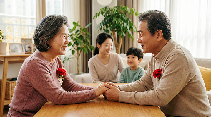 JPG 편집이미지 할아버지 행복 할머니 어린이 가족 모션 주택 실내 따뜻함 대화 사랑 웃음 부모 손잡기 어버이날 카네이션 즐거움 의료성형뷰티 편집실사 AI인물포토 AI콘텐츠 여자 기념일 노년 남자 꽃 감정 관계 표정 말하기 사람 내부 건물 CG 파일형식 AI포토