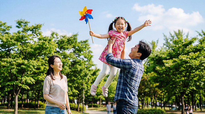 JPG 나무 편집이미지 공원 행복 어린이 가족 모션 자연 놀이 하늘 웃음 부모 아기 시간 어린이날 바람개비 의료성형뷰티 부녀 편집실사 AI인물포토 AI콘텐츠 식물 공공시설 기념일 딸 감정 관계 표정 사람 아빠 CG 생태계 파일형식 AI포토