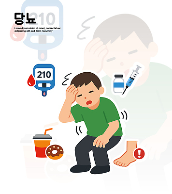 손 남자 음료 일러스트 발 건강 경고 치료 약 머리 건강관리 식사 도넛 질병 체크표시 예방 당뇨병 증상 혈당 불편함 필요 국내일러스트 AI파일 컨셉 의학 디저트 관리 사람 신체부위 감각 혈액 확인 파일형식 벡터