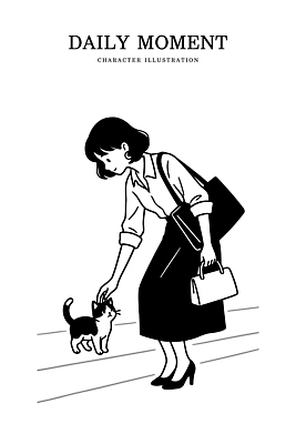 동물 캐릭터 시선 여자 가방 일러스트 모션 거리 사람 정장 일상 반려동물 걷기 고양이 만남 편안함 즐거움 주말 순간 쓰다듬기 국내일러스트 AI파일 잡화 옷 감정 컨셉 포유류 라이프 감각 파일형식 벡터