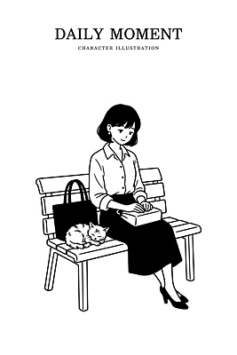 동물 캐릭터 공원 여자 벤치 가방 일러스트 휴식 사랑 앉기 일상 책 독서 고양이 조용 스트랩 오후 국내일러스트 AI파일 잡화 공공시설 감정 컨셉 의자 포유류 모션 사람 라이프 반려동물 파일형식 벡터