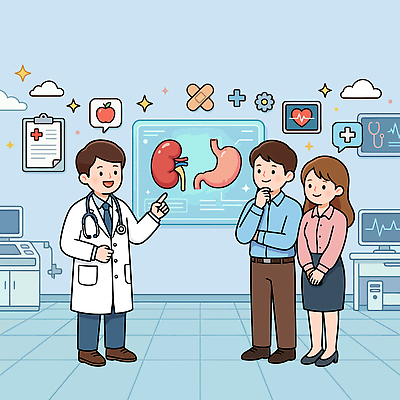 일러스트 의학 건강 병원 대화 설명 치료 진료 환자 의사 신장 질병 상담 예방 위 건강검진 상담실 증상 보건의날 국내일러스트 AI파일 모션 말하기 의료진 비뇨기관 방향 검사_조사 파일형식 벡터 법정기념일