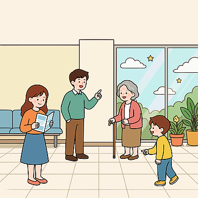 식물 할머니 창 어린이 의자 일러스트 가족 모션 하늘 손자 실내 이야기 대화 사랑 웃음 성인 방 모임 시간 방문 보건소 보건의날 국내일러스트 AI파일 여자 노년 남자 감정 무기 가구 관계 표정 말하기 사람 내부 손주 파일형식 벡터 법정기념일