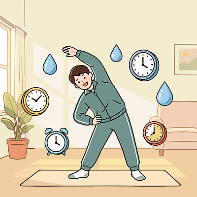 시계 포즈 신체 일러스트 모션 주택 건강 일상 생활 운동 햇빛 헬스 스트레칭 힘 물방울 시간 영혼 목표 몸무게 유연 보건의날 국내일러스트 AI파일 컨셉 건물 라이프 태양 파일형식 벡터 법정기념일