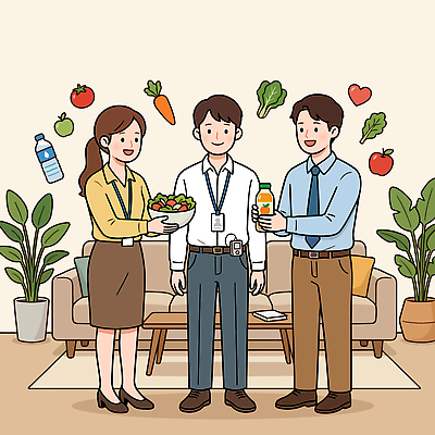 감정 음료 음식 채소 과일 일러스트 비즈니스 회의 아침 협력 직장 건강 대화 여러명 일상 사무실 식사 봄 샐러드 직원 공유 보건의날 국내일러스트 AI파일 주간 계절 다수 회사 말하기 사람 라이프 파일형식 벡터 법정기념일