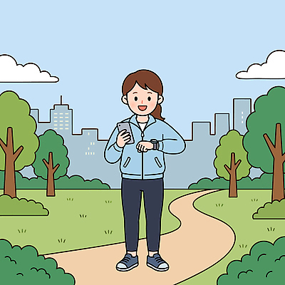 나무 공원 여자 행복 일러스트 모션 자연 거리 건강 풍경 잔디 초원 일상 스마트폰 운동 걷기 산책 도시 도심 스마트워치 보건의날 국내일러스트 AI파일 식물 공공시설 감정 휴식 사람 라이프 핸드폰 스마트기기 생태계 웨어러블 파일형식 벡터 법정기념일