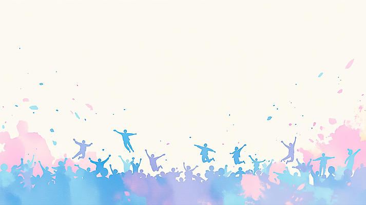 JPG 행복 감정 분홍색 컬러 백그라운드 일러스트 모션 수채화 웃음 여러명 파란색 점프 축제 물감 기쁨 모임 자유 축하 표현 그룹 즐거움 순간 국내일러스트 AI일러스트 AI콘텐츠 다수 컨셉 표정 사람 미술도구 파일형식
