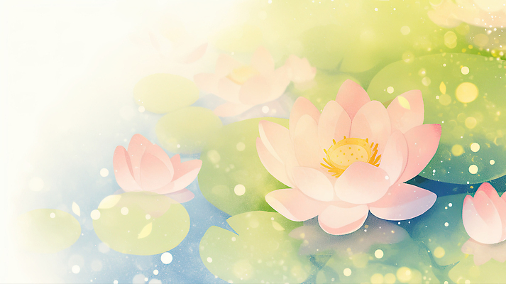 JPG 주간 식물 꽃 일러스트 자연 연꽃 풍경 초록색 햇빛 환경 연못 수면 수중식물 수조 연잎 생태계 수국 뷰티풀 국내일러스트 AI일러스트 AI콘텐츠 자연요소 컬러 잎 물 태양 파일형식