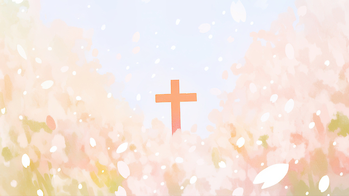 JPG 꽃잎 꽃 감정 종교 예술 컬러 십자가 잎 일러스트 자연 하늘 풍경 희망 봄 명상 그림 뷰티풀 국내일러스트 AI일러스트 AI콘텐츠 식물 계절 생태계 파일형식