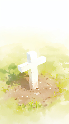 JPG 식물 상징 십자가 일러스트 포장 자연 바닥 기념 잔디 초록색 햇빛 평화 고요 봄 슬픔 흰색 무덤 추억 땅 비석 질감 국내일러스트 AI일러스트 AI콘텐츠 계절 감정 컬러 컨셉 태양 생태계 파일형식