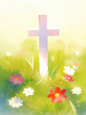JPG 식물 꽃 종교 컬러 백그라운드 십자가 일러스트 자연 생명 기념 초원 빨간색 초록색 노란색 평화 봄 공간 흰색 무덤 장면 뷰티풀 국내일러스트 AI일러스트 AI콘텐츠 계절 컨셉 생태계 파일형식