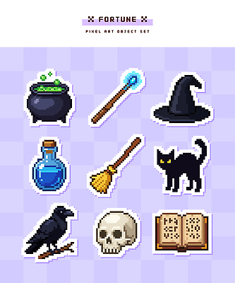 캐릭터 일러스트 해골 책 세트 고양이 마법사 도구 운세 찻주전자 빗자루 오브젝트 그림 마녀 마법 까마귀 마법지팡이 부적 창작 픽셀 국내일러스트 AI파일 포유류 조류 주전자 뼈 반려동물 청소도구 파일형식 벡터