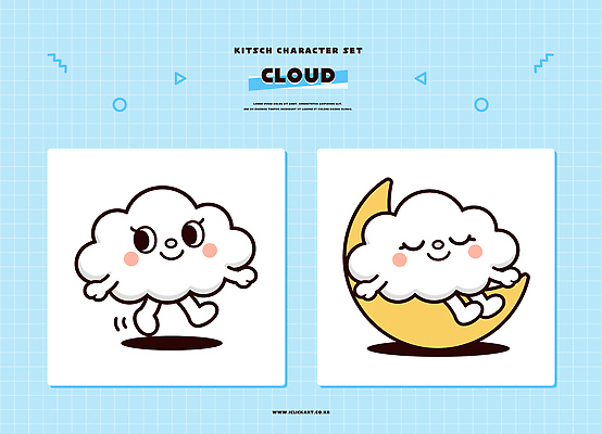 캐릭터 디자인 감정 컬러 일러스트 앉기 그래픽 세트 장난감 걷기 달 표현 구름캐릭터 스타일 키치 일러캐릭터 AI파일 자연요소 컨셉 모션 파일형식 벡터