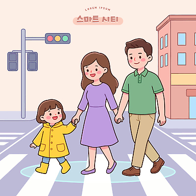 손 도로 어린이 교통 일러스트 가족 아침 거리 스마트라이프 웃음 안전 건물 부모 노란색 걷기 아기 신호등 스마트 우비 건너기 오후 국내일러스트 AI파일 주간 라이프스타일 건축물 옷 길 컬러 컨셉 관계 교통시설 모션 표정 사람 신체부위 파일형식 벡터