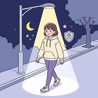 나무 여자 감정 별 야경 가로등 일러스트 모션 하늘 조명 거리 스마트라이프 안전 걷기 달 도시 시간 스마트 외출 보안 평행 국내일러스트 AI파일 자연요소 식물 라이프스타일 공공시설 컨셉 사람 야간 파일형식 벡터 풍경_경치