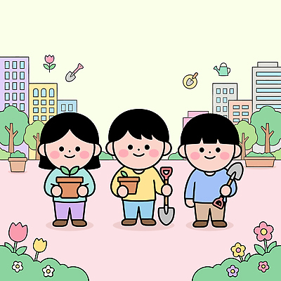 나무 식물 손 공원 꽃 화분 어린이 줄기 잎 일러스트 모션 자연 이야기 웃음 친구 정원 흙 도구 삽 심기 국내일러스트 AI파일 공공시설 관계 표정 사람 신체부위 생태계 파일형식 벡터