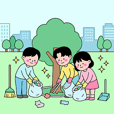 나무 공원 어린이 일러스트 모션 자연 봉투 환경 보호 쓰레기 빗자루 청소 삽 정리 지역 쓰레기봉투 시민 녹지 참여 줍기 국내일러스트 AI파일 식물 공공시설 컨셉 사람 청소도구 생태계 국민 파일형식 벡터