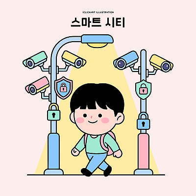디자인 길 어린이 교통 이동 일러스트 거리 기술 안전 생활 걷기 환경 도시 보호 스마트 시설 시스템 감시카메라 청신호 시민 국내일러스트 AI파일 컨셉 모션 사람 카메라 신호등 국민 파일형식 벡터