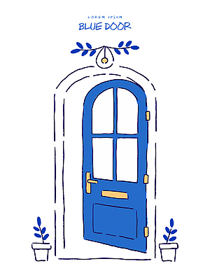 식물 디자인 화분 선 컬러 일러스트 창문 손잡이 장식 파란색 인테리어 문 공간 구조물 오브젝트 그림 경첩 국내일러스트 AI파일 건축 파일형식 벡터