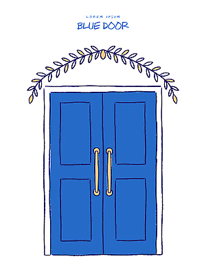 디자인 외관 건축 예술 벽 컬러 일러스트 나뭇잎 출입구 주택 손잡이 장식 파란색 문 공간 균형 아치 정리 단순화된 스타일 국내일러스트 AI파일 잎 건물 파일형식 벡터