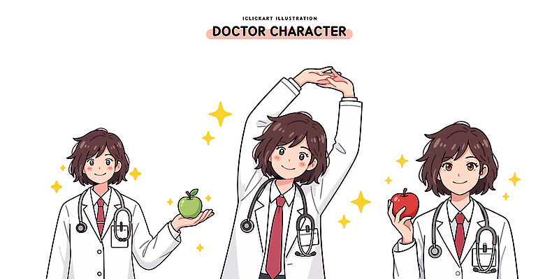 캐릭터 여자 남자 포즈 과일 일러스트 의학 건강 치료 초록색 식사 의사 표현 의사가운 사과 상담 그림 국내일러스트 AI파일 컬러 사람 의료진 가운 파일형식 벡터