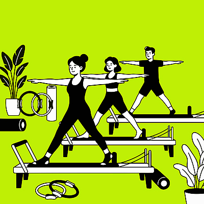 식물 여자 남자 일러스트 모션 건강 운동복 운동 운동기구 헬스 스트레칭 힘 도구 그룹 균형 연습 체육관 필라테스 국내일러스트 AI파일 옷 사람 파일형식 벡터