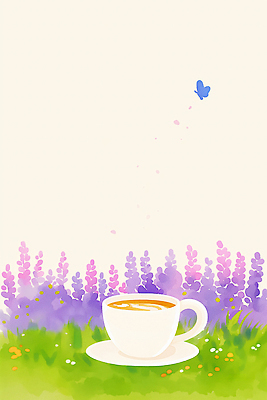 JPG 꽃 음료 컬러 나비 무늬 일러스트 자연 휴식 풍경 잔디 야외 컵 보라색 뜨거움 조화 단순화된 오후 자연물 카페라떼 화창 국내일러스트 AI일러스트 AI콘텐츠 식물 식기 커피 곤충 컨셉 날씨 생태계 라떼 파일형식