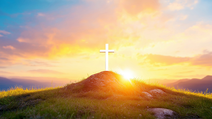 JPG 편집이미지 기독교 종교 십자가 자연 하늘 풍경 초원 빛 태양 일몰 땅 언덕 이미지편집 AI컴퓨터그래픽 AI콘텐츠 자연요소 노을 생태계 파일형식