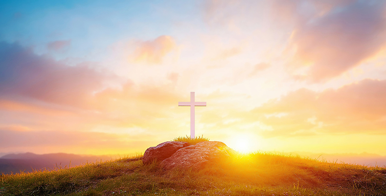 JPG 편집이미지 종교 상징 십자가 자연 하늘 밝음 풍경 태양 일출 고요 일몰 돌_바위 언덕 단순화된 이미지편집 AI컴퓨터그래픽 AI콘텐츠 자연요소 노을 생태계 파일형식