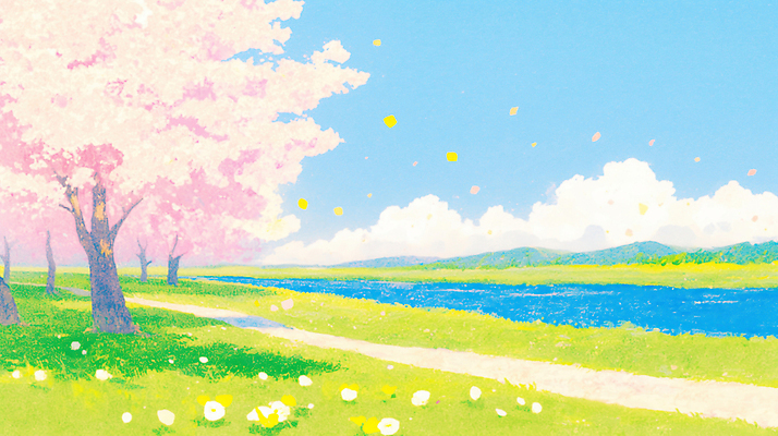 JPG 나무 계절 꽃잎 꽃 꽃밭 일러스트 자연 날씨 산 풍경 초원 강 봄 산책 산책로 벚꽃 강가 국내일러스트 AI일러스트 AI콘텐츠 식물 길 휴식 생태계 파일형식