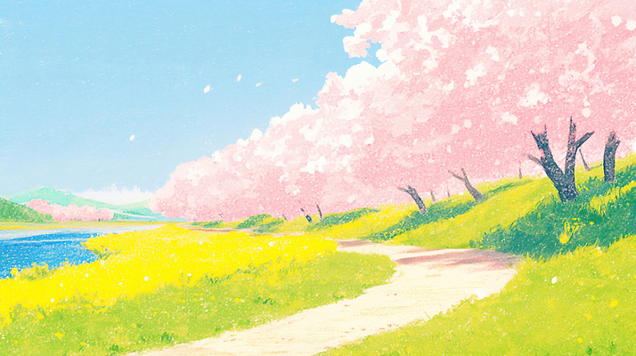 JPG 나무 꽃 길 일러스트 자연 하늘 풍경 초원 강 걷기 봄 산책 산책로 벚꽃 강가 즐거움 풍경화 국내일러스트 AI일러스트 AI콘텐츠 식물 계절 감정 모션 휴식 그림 생태계 파일형식