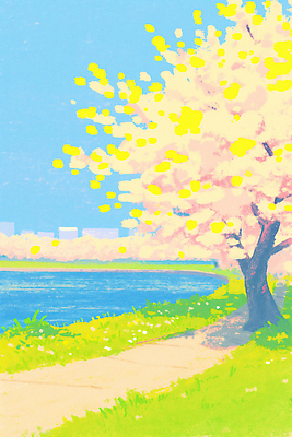 JPG 나무 꽃 길 컬러 일러스트 자연 하늘 거리 풍경 잔디 일상 파란색 강 소풍 노란색 봄 산책 산책로 벚꽃 강가 조용 국내일러스트 AI일러스트 AI콘텐츠 식물 계절 휴식 라이프 야외활동 생태계 파일형식