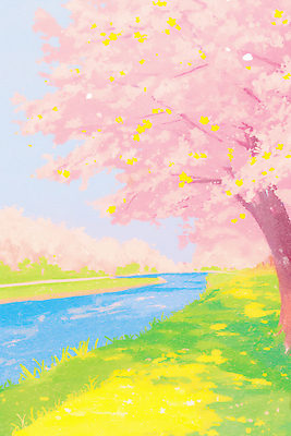 JPG 나무 식물 꽃잎 꽃 길 컬러 꽃밭 일러스트 자연 하늘 풍경 잔디 초원 물 봄 산책 산책로 벚꽃 강가 국내일러스트 AI일러스트 AI콘텐츠 자연요소 계절 휴식 강 생태계 파일형식