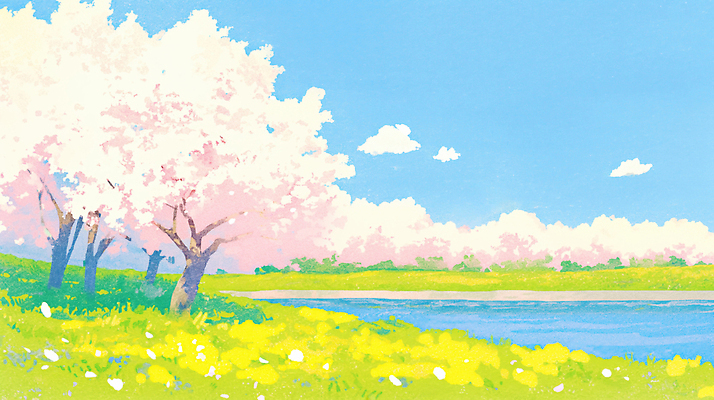 JPG 나무 식물 꽃 컬러 여행 꽃밭 일러스트 자연 하늘 풍경 초원 야외 여름 강 소풍 봄 산책 산책로 벚꽃 시골 강가 국내일러스트 AI일러스트 AI콘텐츠 계절 길 휴식 야외활동 생태계 파일형식