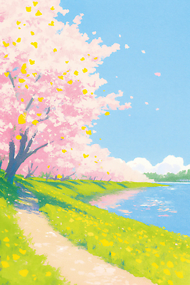JPG 나무 꽃잎 꽃 길 하늘색 꽃밭 일러스트 자연 하늘 바람 풍경 물 파란색 노란색 환경 봄 산책 산책로 벚꽃 강가 국내일러스트 AI일러스트 AI콘텐츠 자연요소 식물 계절 컬러 날씨 휴식 강 생태계 파일형식
