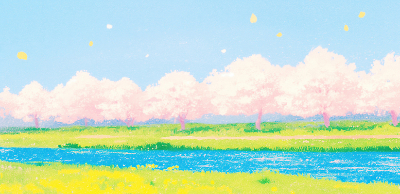 JPG 나무 식물 꽃잎 꽃 분홍색 컬러 일러스트 자연 하늘 바람 거리 풍경 잔디 강 노란색 봄 산책 산책로 흐름 벚꽃 물가 평원 국내일러스트 AI일러스트 AI콘텐츠 자연요소 계절 길 컨셉 날씨 휴식 생태계 파일형식