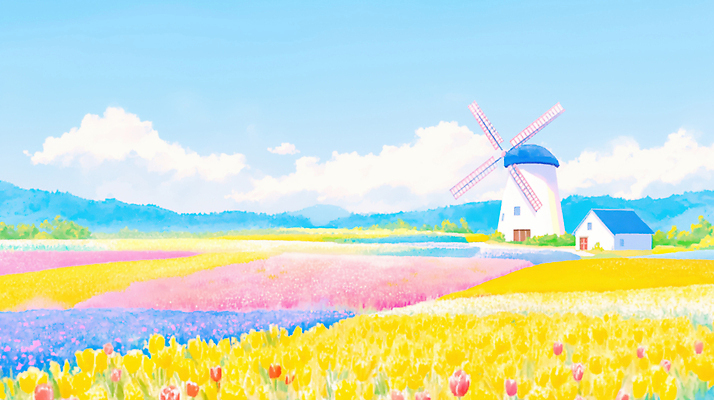JPG 식물 꽃 컬러 꽃밭 일러스트 자연 하늘 산 주택 풍경 초록색 햇빛 농장 풍차 튤립 국내일러스트 AI일러스트 AI콘텐츠 농업 건물 태양 생태계 파일형식