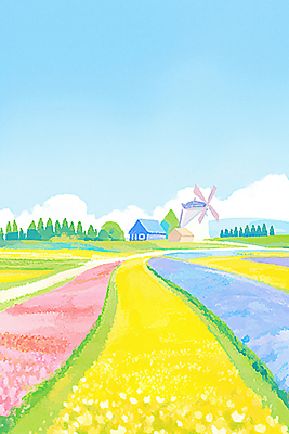 JPG 나무 계절 꽃 분홍색 여행 꽃밭 일러스트 자연 하늘 풍경 초록색 파란색 햇빛 농장 노란색 봄 산책 튤립 농촌 바람개비 국내일러스트 AI일러스트 AI콘텐츠 식물 컬러 농업 휴식 태양 시골 생태계 파일형식