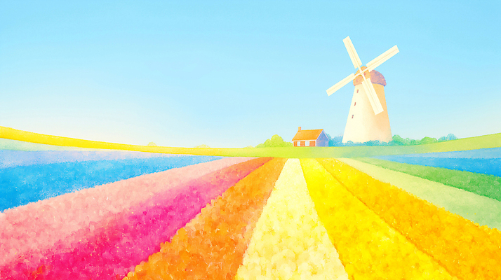 JPG 꽃 분홍색 컬러 꽃밭 밭 농업 일러스트 자연 하늘 주택 풍경 일상 초록색 여름 파란색 햇빛 농장 노란색 풍차 튤립 시골 개화 상추 국내일러스트 AI일러스트 AI콘텐츠 식물 계절 산업 채소 건물 라이프 태양 생태계 파일형식