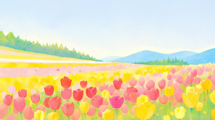 JPG 식물 컬러 백그라운드 꽃밭 일러스트 자연 하늘 산 씨앗 풍경 초원 파란색 노란색 봄 튤립 뷰티풀 풍경화 국내일러스트 AI일러스트 AI콘텐츠 계절 꽃 그림 생태계 파일형식