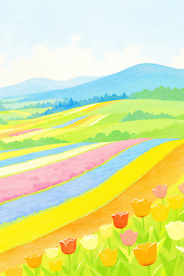 JPG 식물 꽃 화초 컬러 백그라운드 꽃밭 일러스트 자연 하늘 날씨 풍경 초원 농장 봄 튤립 언덕 조경 국내일러스트 AI일러스트 AI콘텐츠 계절 농업 생태계 파일형식