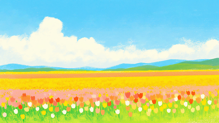 JPG 식물 꽃 컬러 꽃밭 농업 일러스트 자연 하늘 생명 풍경 초원 초록색 파란색 농장 환경 봄 튤립 땅 흰구름 뷰티풀 국내일러스트 AI일러스트 AI콘텐츠 계절 산업 생태계 파일형식 구름_자연