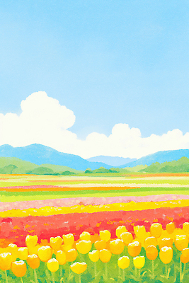 JPG 식물 꽃 컬러 꽃밭 일러스트 자연 하늘 산 풍경 초원 야외 농장 봄 산책 원근감 튤립 방문 만개 청명 풍경화 국내일러스트 AI일러스트 AI콘텐츠 계절 뷰포인트 농업 휴식 그림 생태계 파일형식