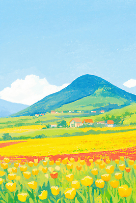 JPG 꽃 여행 꽃밭 일러스트 자연 하늘 날씨 산 풍경 초원 건물 일상 여름 파란색 농장 노란색 마을 튤립 시골 멀리 풍경화 국내일러스트 AI일러스트 AI콘텐츠 식물 건축물 계절 컬러 농업 라이프 그림 생태계 파일형식