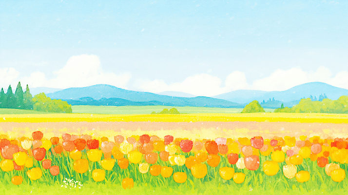 JPG 주간 식물 꽃 꽃밭 농업 일러스트 자연 하늘 풍경 여름 파란색 햇빛 농장 봄 튤립 성장 땅 언덕 뷰티풀 국내일러스트 AI일러스트 AI콘텐츠 자연요소 계절 산업 컬러 태양 생태계 파일형식