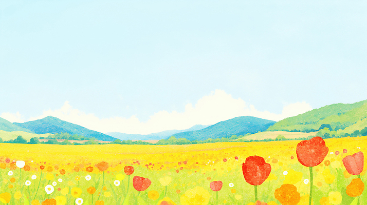 JPG 계절 꽃 감정 컬러 꽃밭 일러스트 자연 하늘 생명 날씨 산 풍경 초원 농장 맑음 봄 튤립 자유 멀리 초봄 국내일러스트 AI일러스트 AI콘텐츠 식물 컨셉 농업 생태계 파일형식